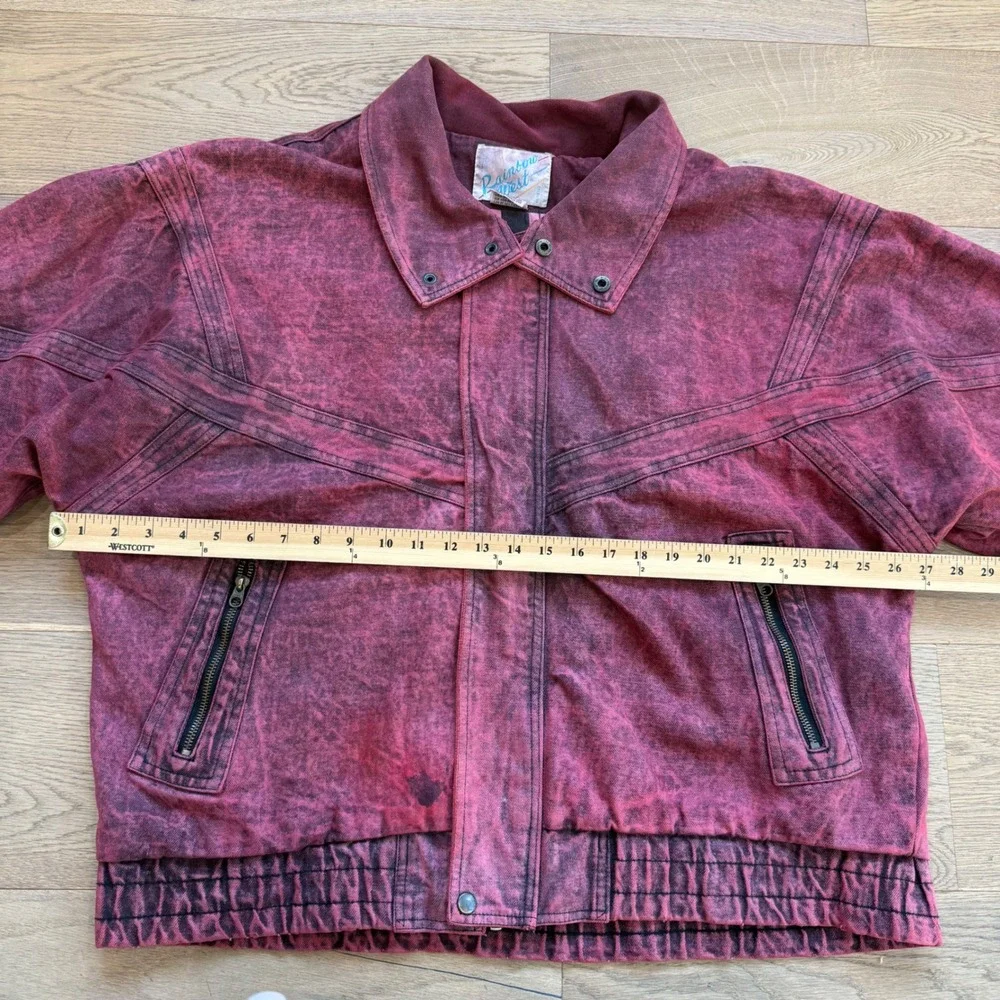 Vintage Rainbow West Acid Wash Cotton Bomber Jacket Burgundy Red XL Mens 80s 90s
